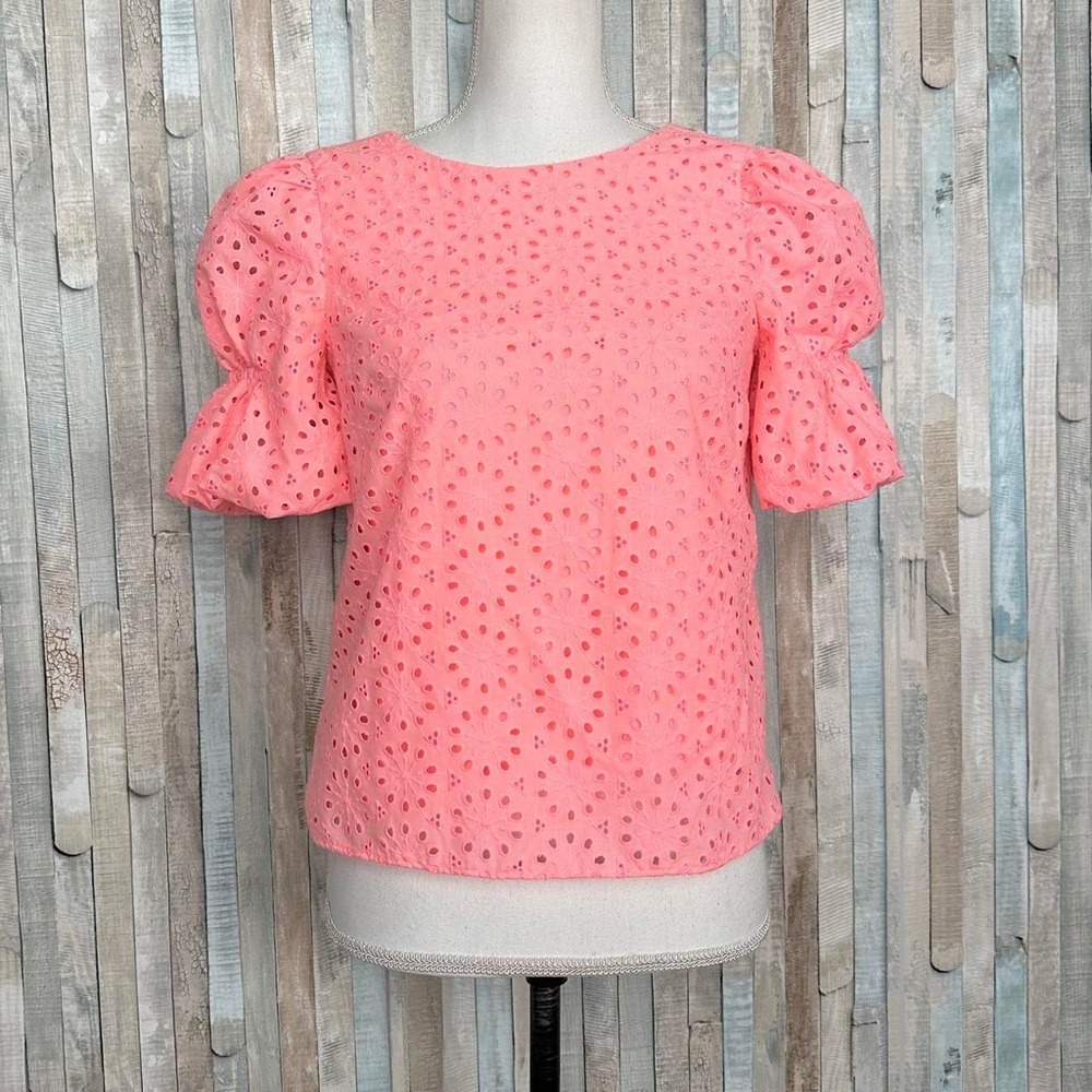 Lilly Pulitzer Size S Neon Coral Shaila Sunburst Eyelet Puff Sleeve Top‎ Summer
